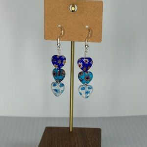 Blue and White Lampwork Heart Beaded Earrings